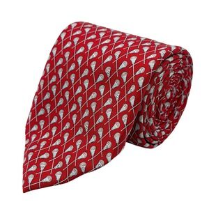 Vineyard Vines Mens Red Lacrosse Stick Pattern Silk Preppy Necktie 60" x 3.5"